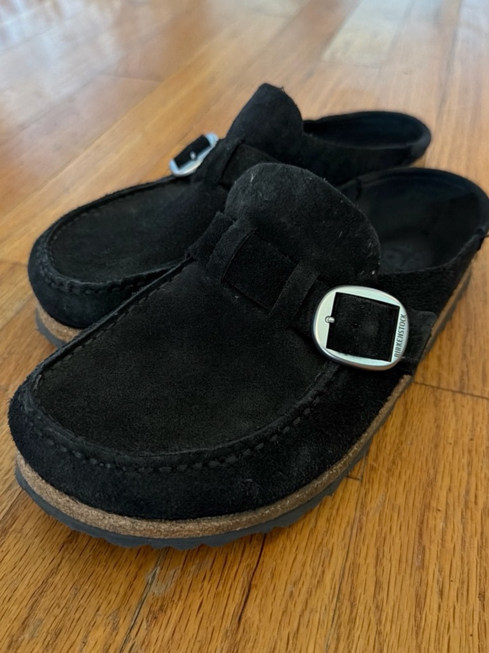 Birkenstock Black Suede Slip-On Mule with Buckle